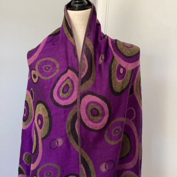 VINTAGE WOMAN JAQUARD SCARF SHAWL PURPLE OLIVE GEOMETRIC FRINGE - Picture 6 of 6